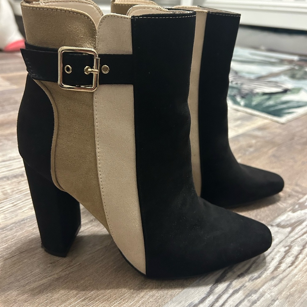 JustFab Black and Tan Heeled Boots